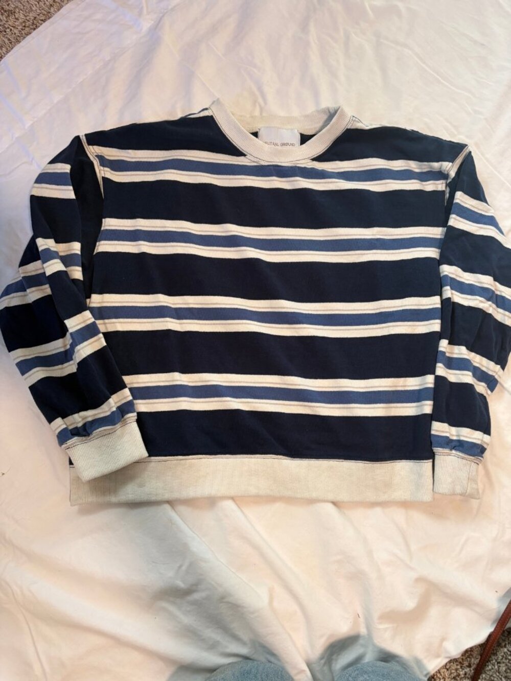 Neutral Ground Striped Crewneck Sweatshirt Navy Cream Blue Size S Cozy Fall